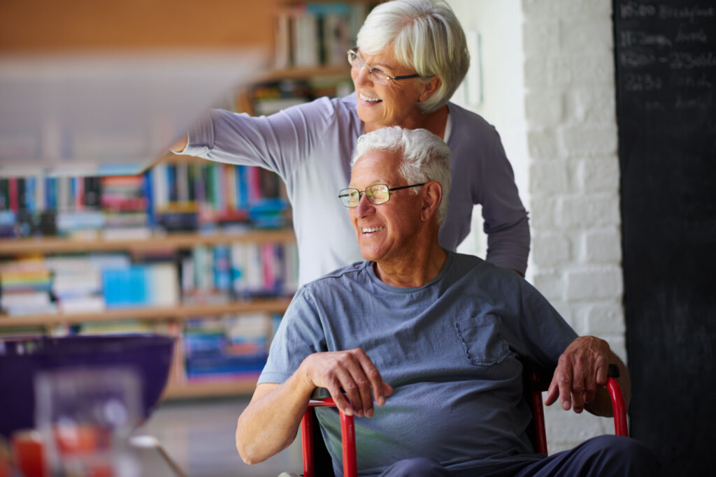 Senior couple, happy and portrait with walker for support, help or care in home for health.