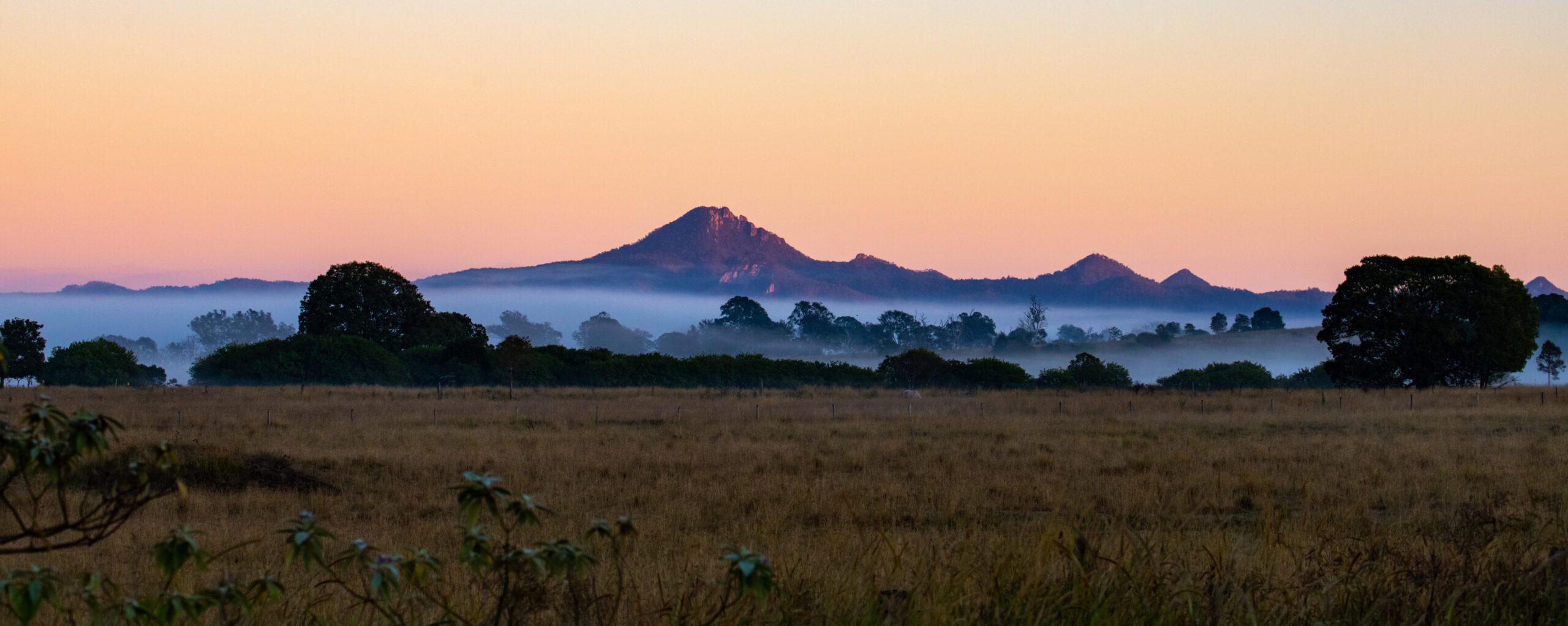 Red sunrise above thick mountains covered with thick fog in lamington national park area near brisbane and gold coast, queensland, australia
